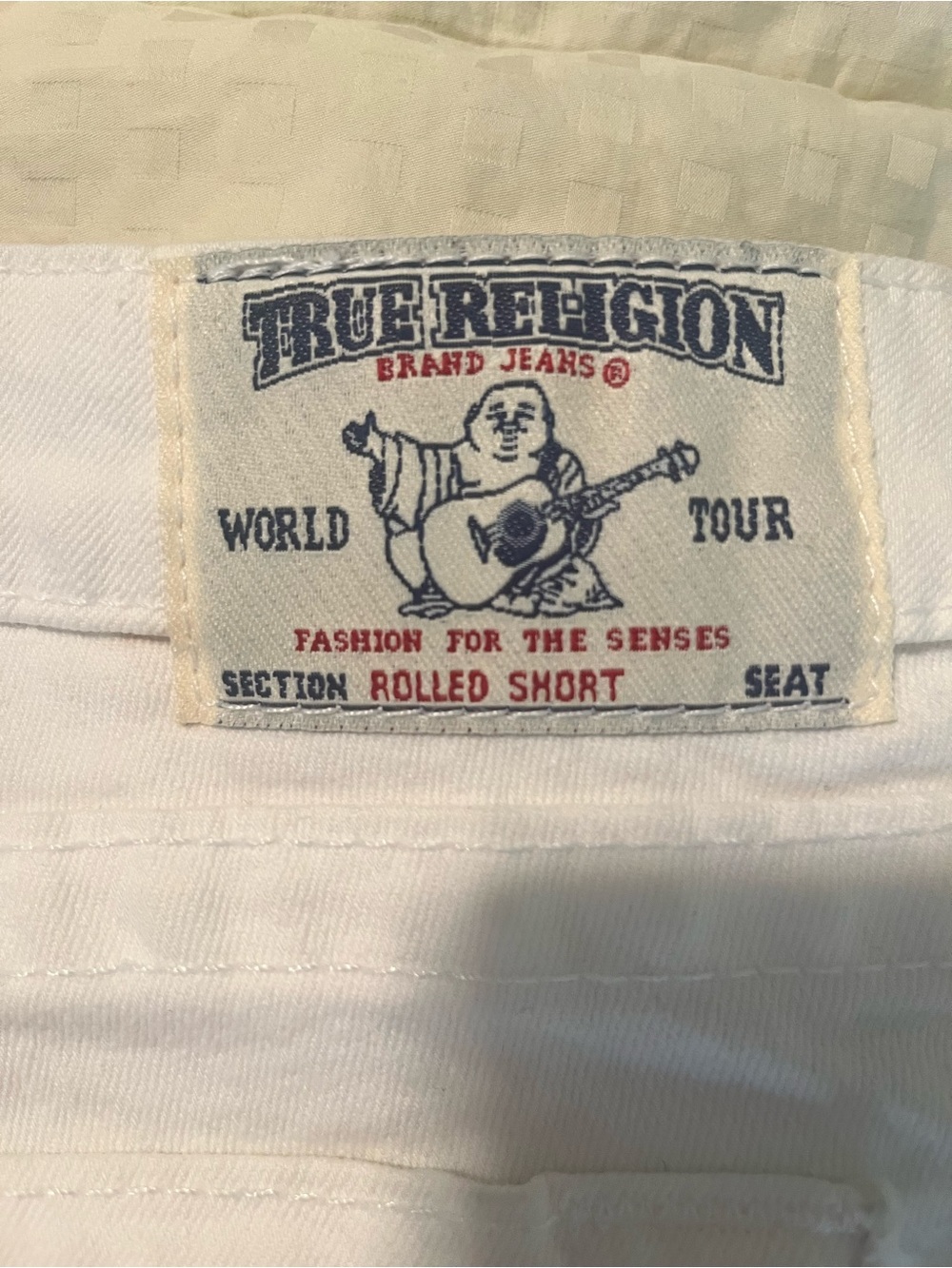 True Religion White Denim Shorts with Light Blue Scroll Print - Picture 4 of 12